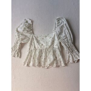 Storia Floral Swiss Dot Peplum Top Puff Sleeve White Women's Small